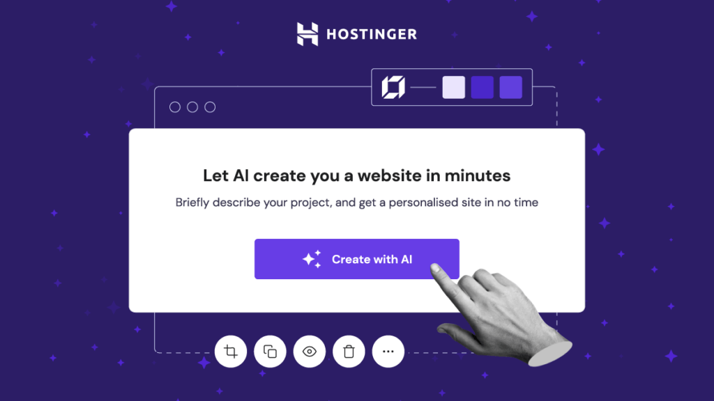 Hostinger web builder. Copy reads "Let AI create you a website in minutes."