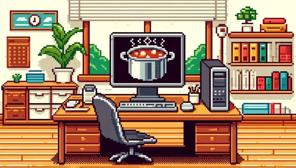 An AI-generated 16-bit image of an office with a desk in the middle. On the desk is a computer, and on the screen is a big pot of soup.