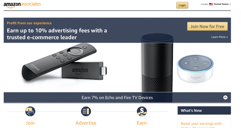 Amazon Associates sign up page screenshot. In the upper-right of the top banner, there is a button with the text "Join Now for Free."