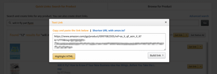 Screenshot showing the Amazon links copy/paste screen, where you can copy the link for pasting, or shorten the URL to amzn.to.