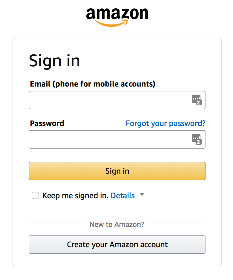 Amazon Associates account sign in page form asks for your email (or phone for mobile accounts) and your password. If you don't have an account, there is a button with the text "Create your Amazon account."