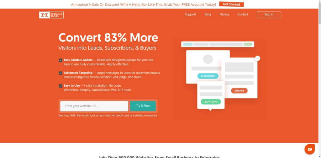 Screenshot of Hello Bar homepage. This tool lets you create signup bars and timed pop-ups. Headline reads: "Convert 83% more."