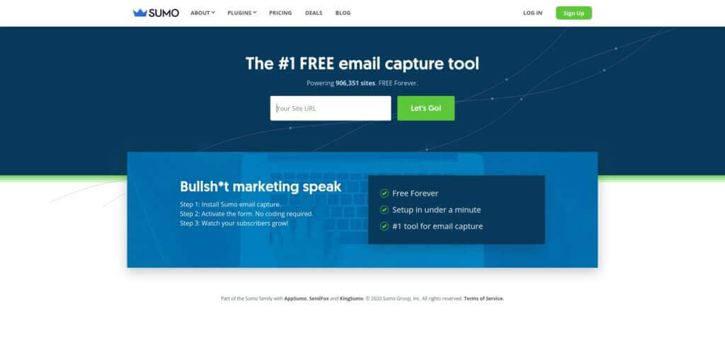 Screenshot of Sumo landing page, for capturing email addresses. Headline reads: "The #1 Free email capture tool."