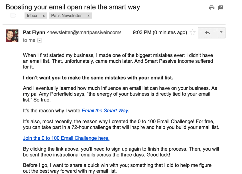 Email Marketing example showing an email from Pat with a short statement about a business mistake he made when getting started, followed by a call to action to join a free email list building challenge.
