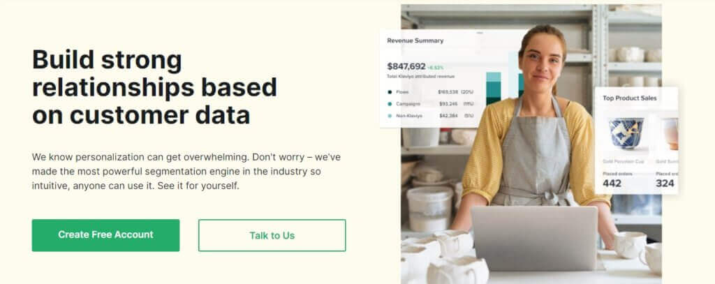 Screenshot of Klaviyo email service provider landing page, with headline "Build strong relationships based on customer data." This tool helps ecommerce businesses create an email list with segmentation.