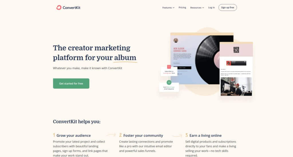 Screenshot of Convertkit email service provider landing page. Headline reads "The creator marketing platform for your [album]." Album will update to the type of creation they know you do, like Blog or Video.