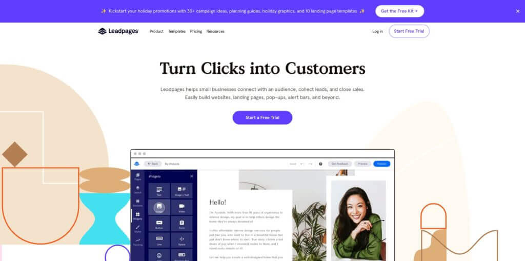 Home page of landing page builder Leadpages. Headline reads "Turn Clicks into Customers."