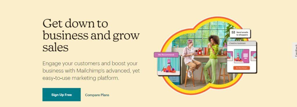 Screenshot of email service provider MailChimp. Headline reads "Get down to business and grow sales."