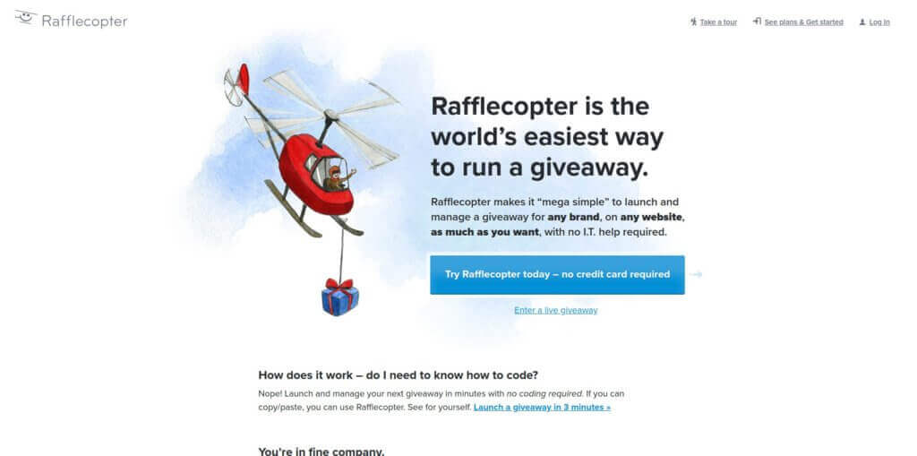 Screenshot of Rafflecopter homepage, for creating contests that grow your email list. Headline reads: "Rafflecopter is the world's easiest way to run a giveaway."