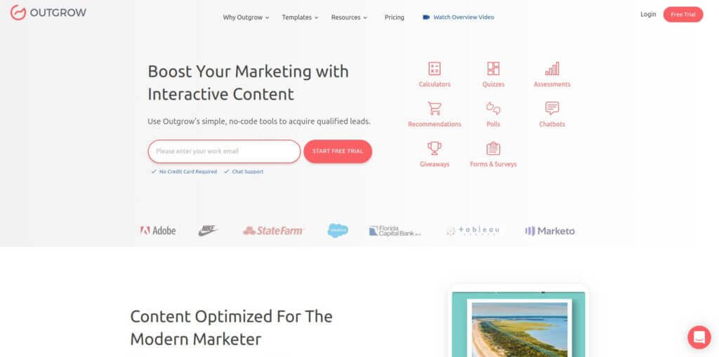 Screenshot of Outgrow landing page for building quizzes and surveys. Headline reads: "Boost Your Marketing with Interactive Content."