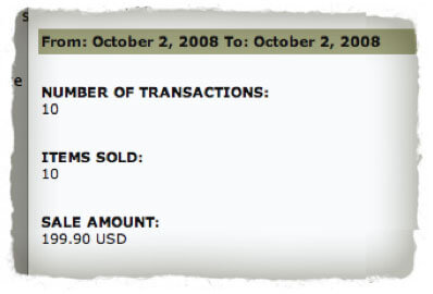 Screenshot of sales from October 2, 2008: 10 transactions; 10 items sold; $199.90 USD sale amount