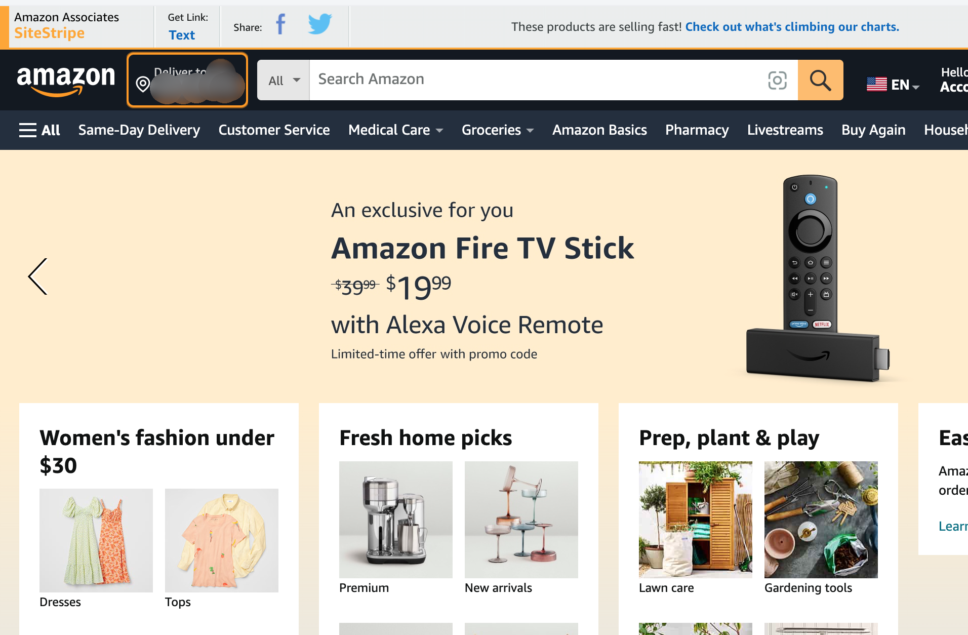 A screenshot of the Amazon home page with an Amazon Associate SiteStripe toolbar enabled.