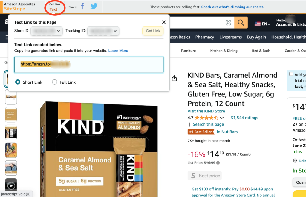 A screenshot of the Amazon home page with an Amazon Associate SiteStripe toolbar enabled. With "Get Link: Text" circled in red and a dropdown option to "Text Link to this Page" allowing to create a text link, copy the generated link and paste it into your website.