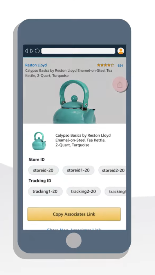 A screenshot of how to get an Associate Link using the Mobile GetLink feature on Amazon Associates. Example showing "Calypso Basics by Reston Lloyd Enamel-on-Steel Tea Kettle, 2-Quart, Turquoise"