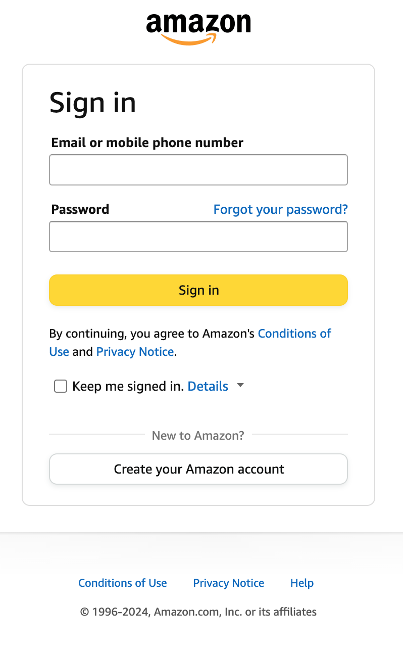 Amazon Associates account sign in page form asks for your email (or phone for mobile accounts) and your password. If you don't have an account, there is a button with the text "Create your Amazon account."