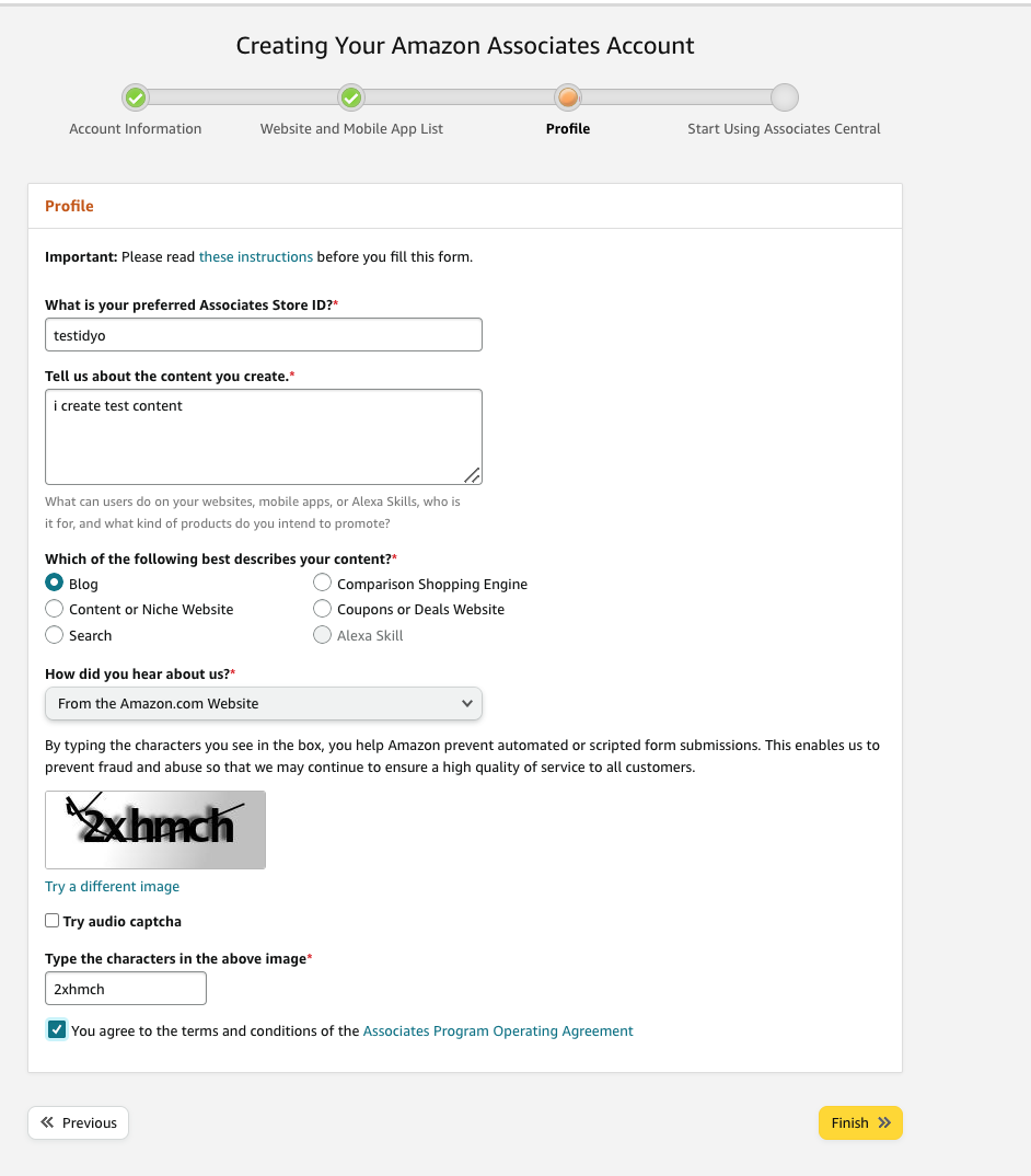 Screenshot of the Amazon Associates account setup workflow. Step 3 asks for profile information. "What is your preferred Amazon Store ID?" This question is required, and when you enter a value, it will check to see if that profile name is available. Below that, it displays the website and app URLs from the previous step. Underneath that is a required question with text entry that reads "What are your websites or mobile apps about?"