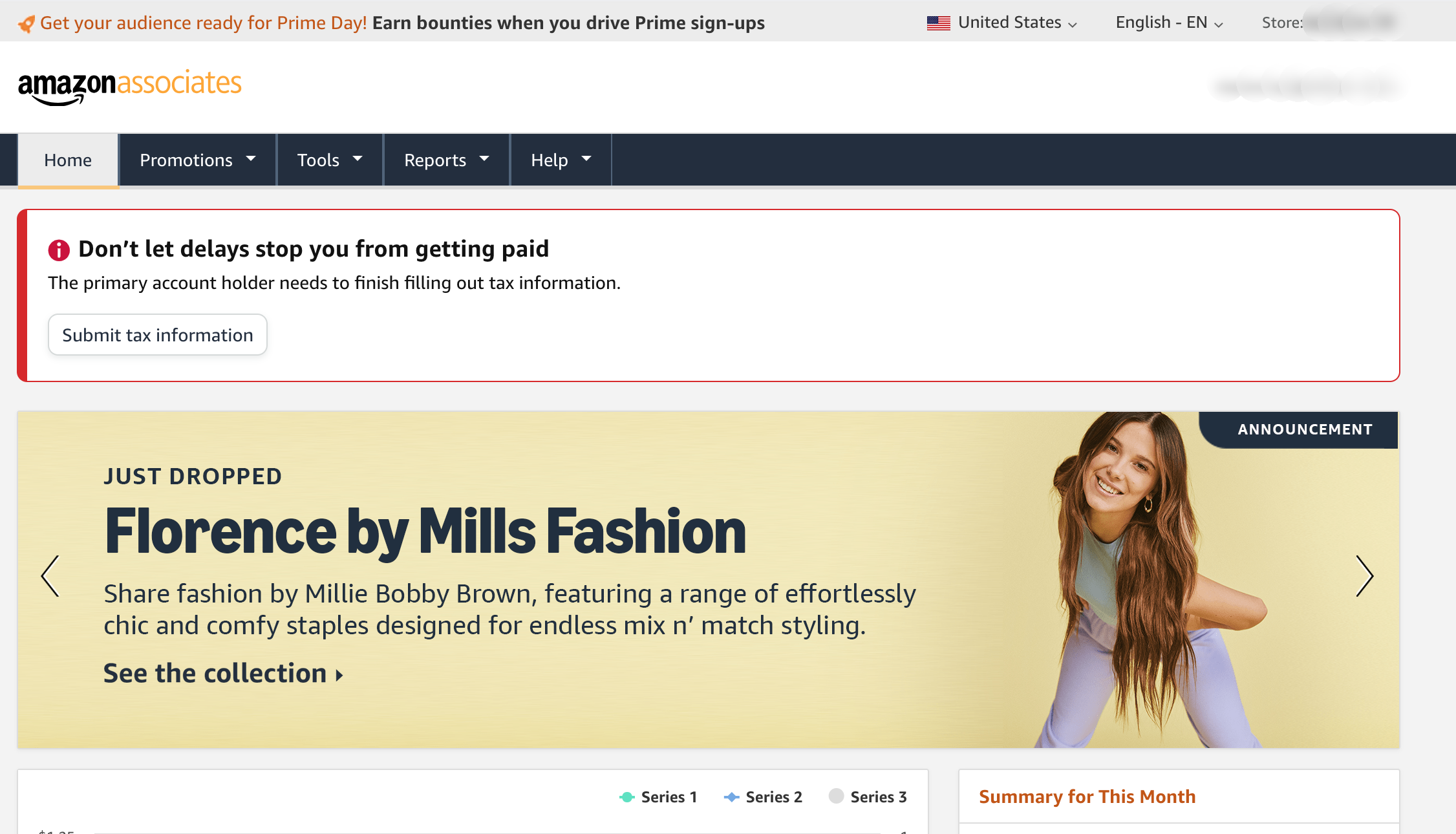 Screenshot of the Amazon Associates account setup workflow. Submit tax information with message that reads "Don't let delays stop you from getting paid. The primary account holder needs to finish filling out tax information."