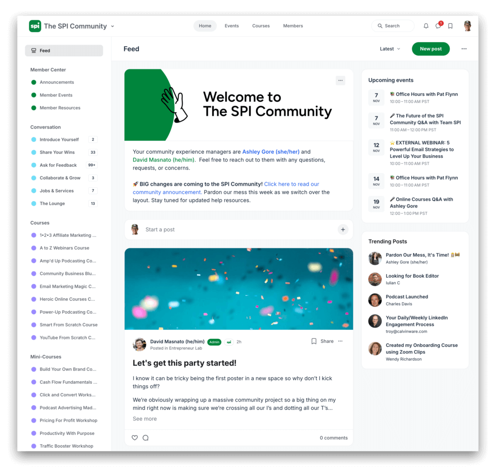 View of the SPI Community platform with list of conversations on the left, the main conversation in the middle, and trending conversations on the right